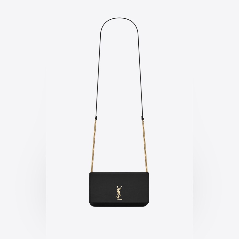 YSL SAINT LAURENT CASSANDRE PHONE HOLDER WITH STRAP IN BLACK SMOOTH LEATHER $745